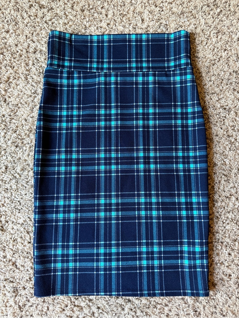 LuLaRoe Cassie Plaid Pencil Skirt in Navy and Teal